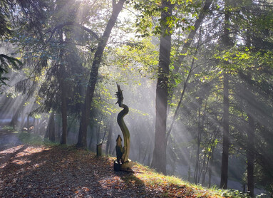 In the centre of the picture, an installation by Bosco Arte Stenico. The statue is on the side of the path: behind, fir and beech trees, through whose branches the sun's rays pass, seeming to illuminate the environment as if it were a stage, with the statue in the centre. The statue is composed of two elements, rising from the same base. The smaller one resembles an animal standing on two legs, perhaps a dog. The taller one, were it not wood, would look like a spiral of smoke at the top of which is a kind of head with a pointed nose.