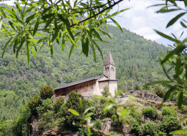 Chiesa di Santo Stefano di Carisolo. La chiesa sorge in cima a una rupe granitica. Dietro, il bosco si inerpica sul fianco della montagna: il verde dei suoi alberi si mischia a quello delle foglie che, sfocate in primissimo piano, fanno da cornice all’immagine. Sul lato della chiesa esposto a sud, quello immortalato nella fotografia, si riconoscono in lontananza degli affreschi. La chiesa ha un piccolo campanile in pietra e, sulla sua destra, svettano tre croci in legno.