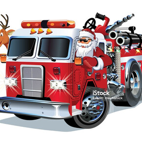 Nel disegno Babbo Natale e la renna guidano il camion dei pompieri
