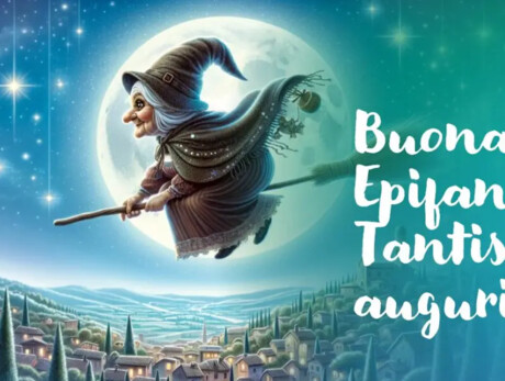 Una befana che vola nel cielo