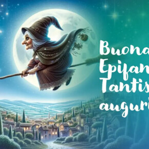 Una befana che vola nel cielo