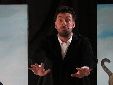 Nell'immagine si vede l'attore durante una scena dello spettacolo; sullo sfondo l'illustrazione di un cane e un gatto