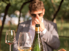 Tavolo nel vigneto con una bottiglia e un calice di vino