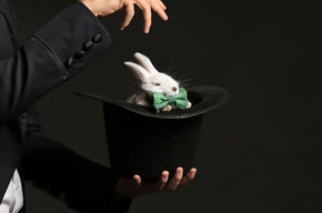 Nell'immagine si vede un mago che fa uscire un coniglio dal suo cilindro