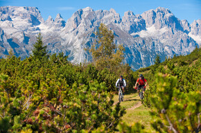Paganella - Ciclisti in Mountain bike con panorama sul Brenta -